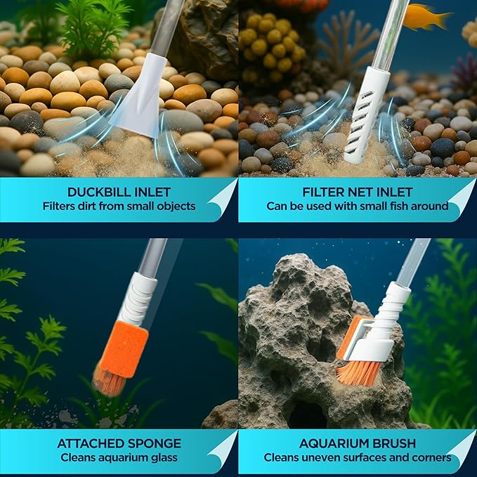 Aquarium Siphon Vacuum & Water Changer Kit with Multi-Head Attachments | Includes Gravel Cleaner, Debris Filter, Brush and Sponge for Effortless Cleaning & Water Changes | Ideal for Tanks Up to 10 Gal
