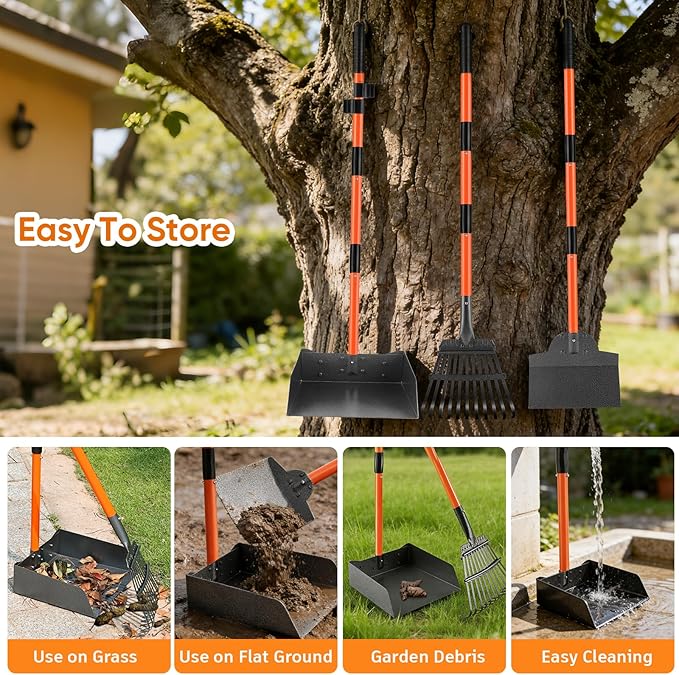 Pooper Scooper, Extra Large Long Handle Dog Pooper Scooper for Dogs Heavy Duty, Pet Supplies Stainless Metal Tray, Spade and Rake Set, Use on Grass, Dirt or Gravel