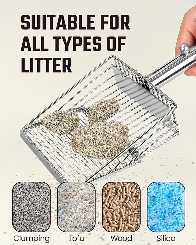 Cat Litter Scoop - Stainless Steel Metal Cat Litter Scoop -Large Size, Deep Shovel, Long Handle, Poop Sifting, Durable, Heavy Duty,Kitten Pooper Lifter for Litter Box