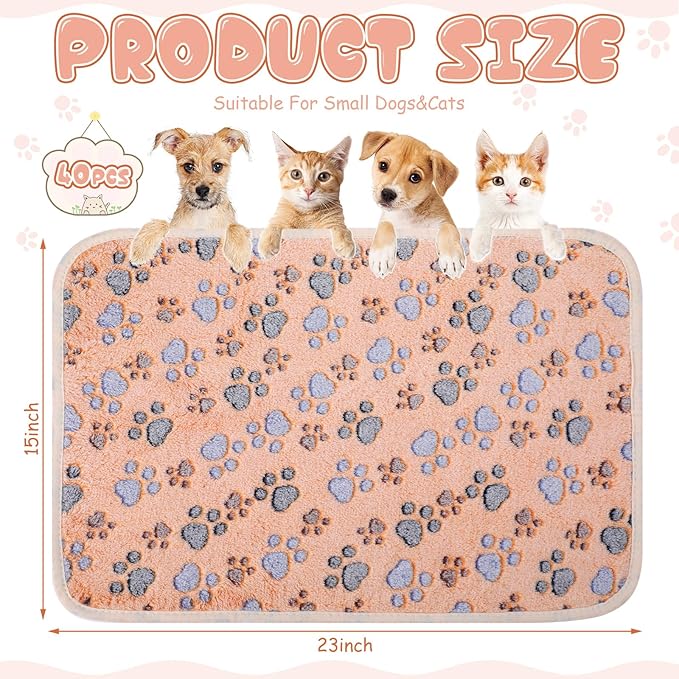 Chumia 40 Pcs Blankets Soft Fluffy Fleece Washable Pet Dog Sleep mat Paw Print Pattern Fleece Blankets for Pets Throw Warm Bed Mat for Dog Puppy Cat(24 x 16 Inch,Brown)