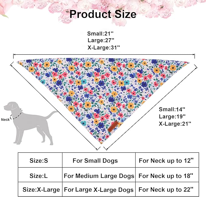 ADOGGYGO Floral Dog Bandanas 2 Pack, Reversible Cute Flower Scarf, Premium Fabric, Adjustable Fit Pink Blue Floral Bandanas for Small Dogs (Small)