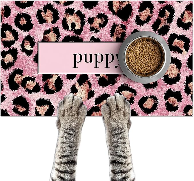 Puppy Feeding Mat 20x12 inch Pink Leopard Print Dog Bowl Placemat Non Slip Mat for Pet Food and Water Small Dogs Indoor Feeding Station Puppy Pet Placemat for Kitchen and Dining