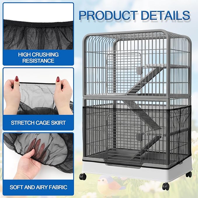Large Bird Cage Cover, Breathable Nylon Mesh Seed Catcher with Adjustable Elastic Skirt, Black Birdcage Cover for Parrot Parakeet Cockatiel Cages (13.8x78.8-90.6 Inch)