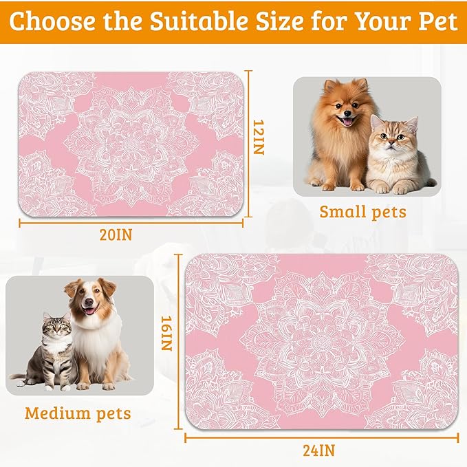 Pet Feeding Mat,Boho Mandala Absorbent Dog Cat Food Mat Pink Flower Dog Mat with Rubber Backing,Non-Slip Water Bowl Placemat,Pet Supplies 16" x 24"
