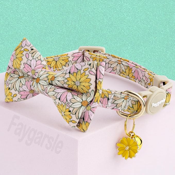 Faygarsle 2 Pack Floral Cat Collar Set with Bandana and Bow Tie, Pink and Yellow Daisy Pattern, Breakaway Safety Buckle