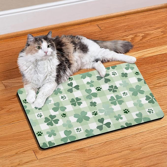 St Patricks Day Dog Food & Water Mat, Green Shamrocks Paw Prints Clover Pet Feeding Mat for Floor Non-Slip Waterproof, Super Absorbent Cat Bowl Mat, Easy to Clean Pet Placemat,12" × 20"