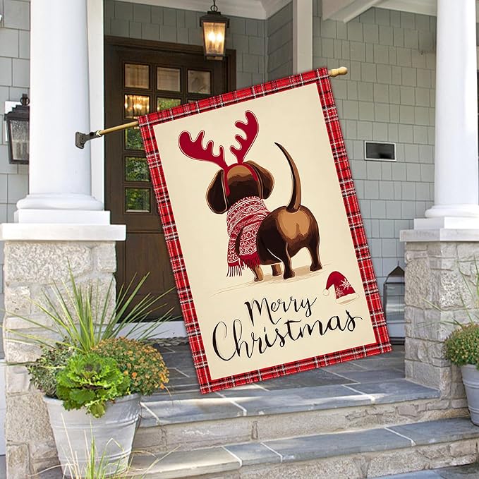 Merry Christmas Garden Flag Back View Dog Reindeer Antlers 28 x 40 Inch Double Sided Welcome Large Yard Banners for Dog Lovers Porch Home Simple Outdoor Winter Holiday Pet Decor