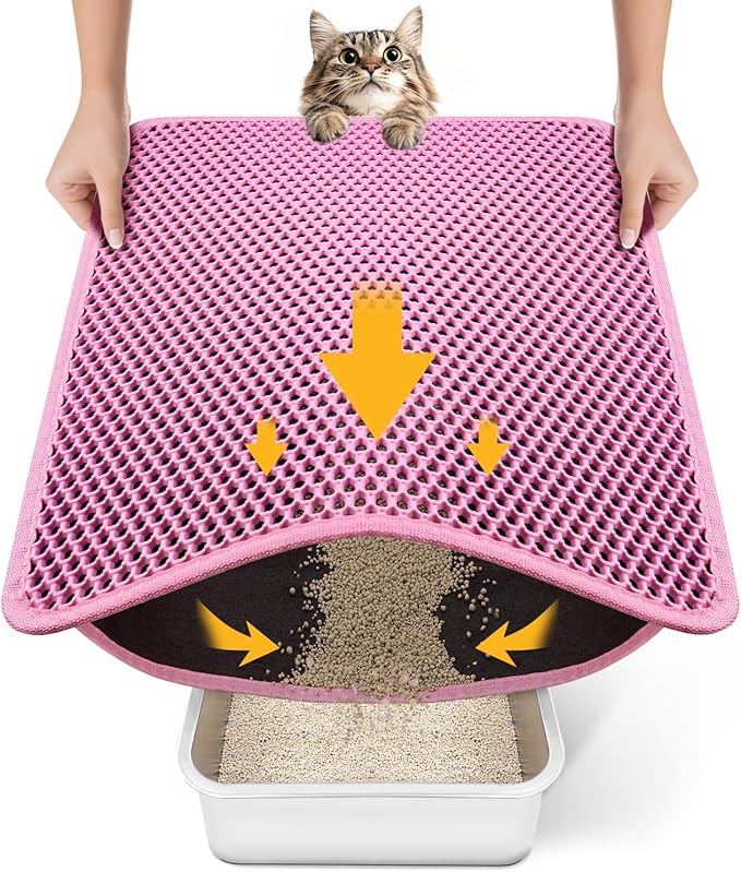 Cat Litter Mat New Size 23.6"x14.6" for Small Spaces, Upgrade Super Waterproof Back Layer Litter Box Mat, Non Slip, Durable, Soft on Paws Kitty Trapping Matt, Pink