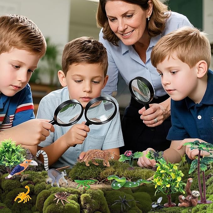 26Pcs Rainforest Animal Figures, Realistic Jungle Animals Toys with Snake Sloth Leopard Monkey Bird Insects Trees for Kids Educational Birthday Diorama Decoration Party Favor School Projects