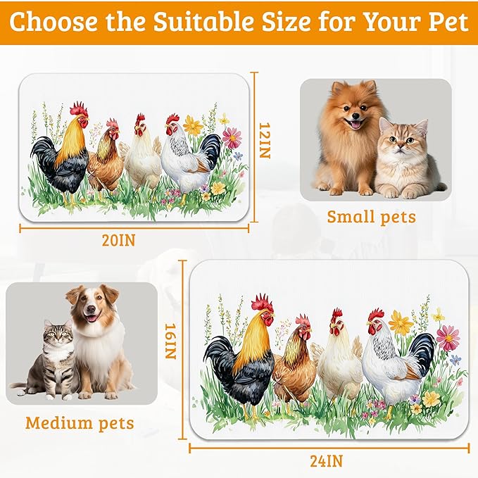 Chicken Rooster Dog Cat Food Mat,Green Grass Absorbent Waterproof Placemat for Food and Water Non Slip Rubber Backing Durable Feeding Pad for Clean Floors 12" x 20"