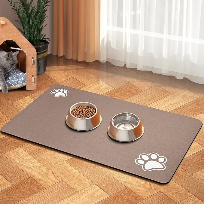 Pet Feeding Mat-Absorbent Dog Mat for Food and Water Bowl-Accessories Pet Supplies-Bowl for Messy Drinkers-No Stains Quick Dry Dog Water Dispenser Mat (16"x24", Brown)