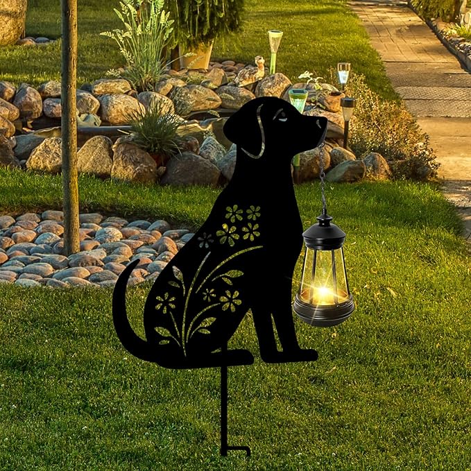 Bshine Dog Solar Light Outdoor Garden Decoration, Waterproof Metal Stake Black Outdoor Statue Lantern, Lawn Ornaments for Yard, Path, Patio, Sculpture Black Dog Gift Halloween Decor Housewarming Gift
