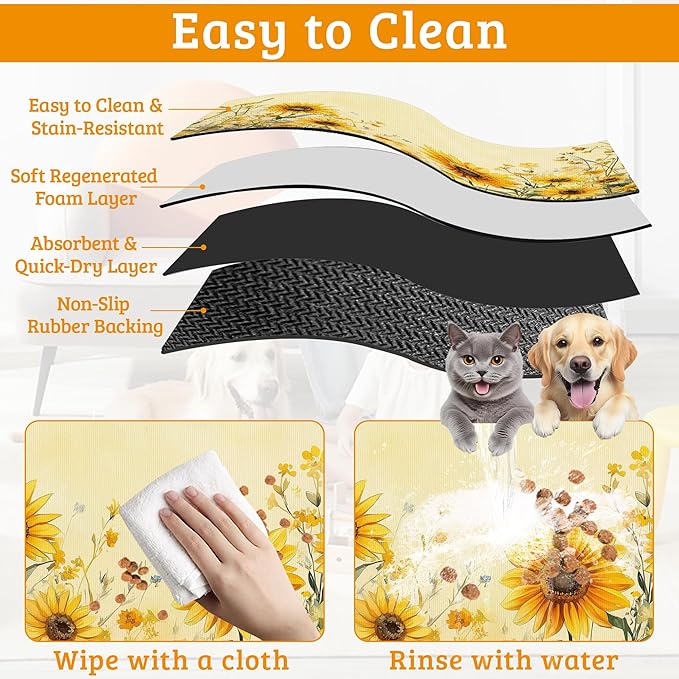 Yellow Floral Feeding Mat,Sunflower Absorbent Quick-Dry Cat Dog Food and Water Bowl Mats,Non-Slip Rubber Backing Mat,Cat Dog Accessories Supplies 16" x 24"