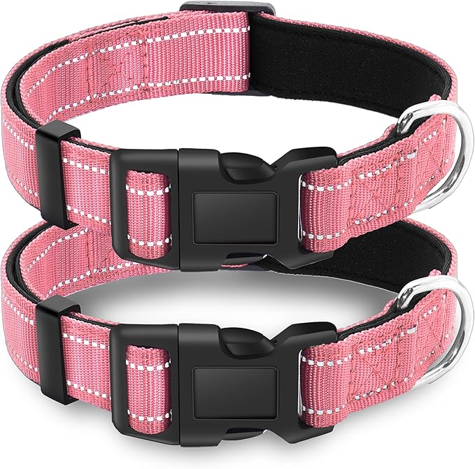 2 Pack Reflective Dog Collar with Safety Locking Buckle, Adjustable Soft Breathable Comfortable Nylon Pet Collar for Small, Medium and Large Dogs, Pink, XS