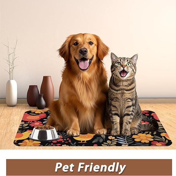 Chicken Rooster Hen Flower Meadow Dog Cat Food Mat,Absorbent Pet Feeding Mat with Rubber Backing,Non-Slip Water Bowl Placemat,Indoor Pet Accessories Supplies 16"x24"