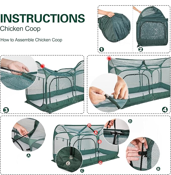 Portable Chicken Run Large Pop-Up Chicken Pen for Small Animals Outdoor Gardening Net with 3 Doors and Handbag, Easy to Install and Storage, Green