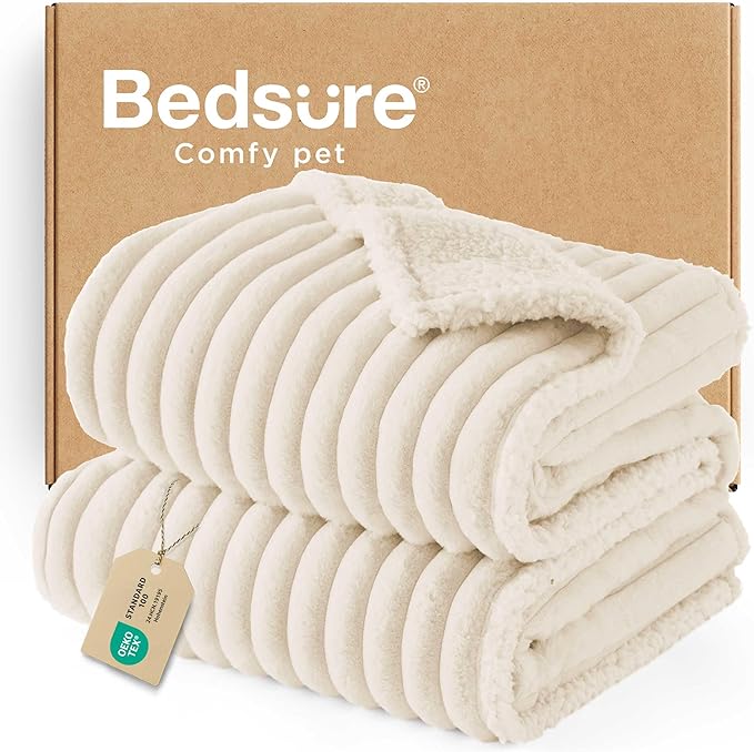 Bedsure ComfyFleece™ Waterproof Dog Blankets for Large Dogs - Soft Pet Cat Blanket Corduroy Fleece for Couch Protector Washable, Cozy Calming Reversible Furniture Protection,40"x50", Cream