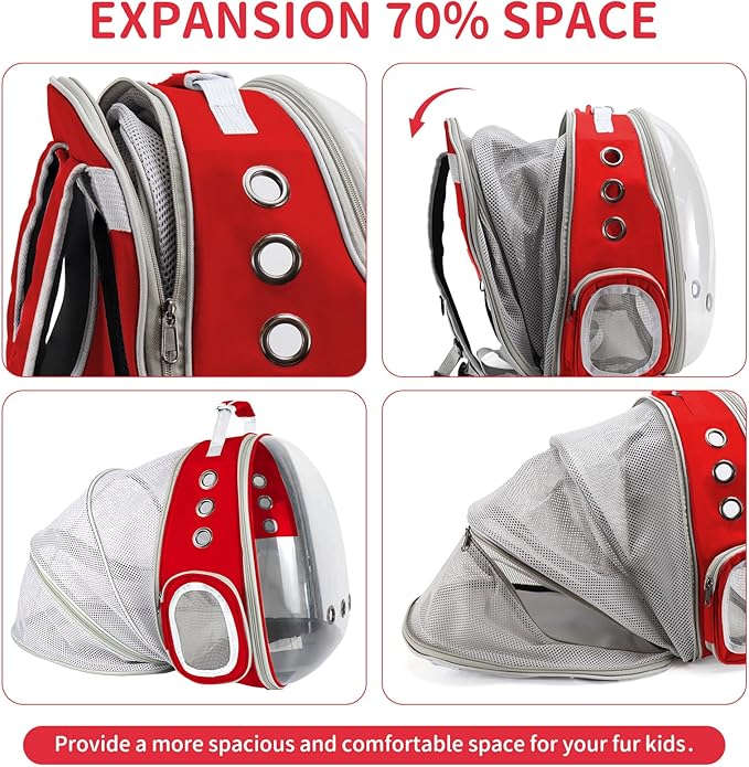 Cat Backpack Carrier, Back Expandable Pet Backpack with Bubble Window, Airline Approved Pet Travel Bag for Small/Medium Cats & Puppies, Hiking, Camping, Outdoor Use (Red)