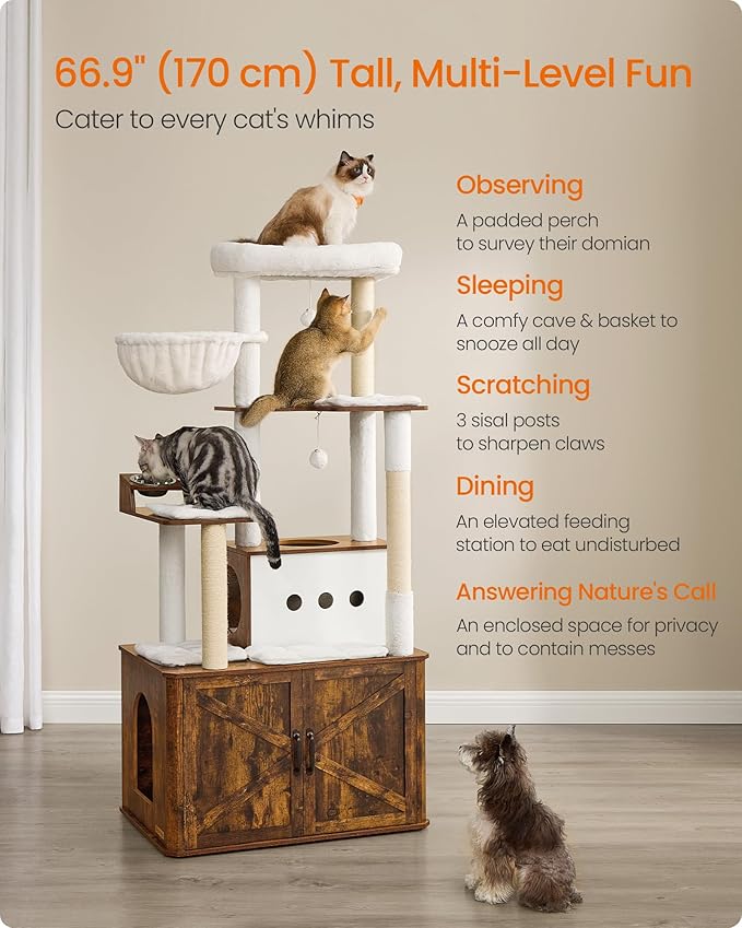 Feandrea Cat Tree, 66.9-Inch Cat Tower with Litter Box Enclosure, Large Condo with Food Station, Storage, Scratching Posts, Cave, Hammock, Washable Cushions, Rustic Brown UPCT169K01