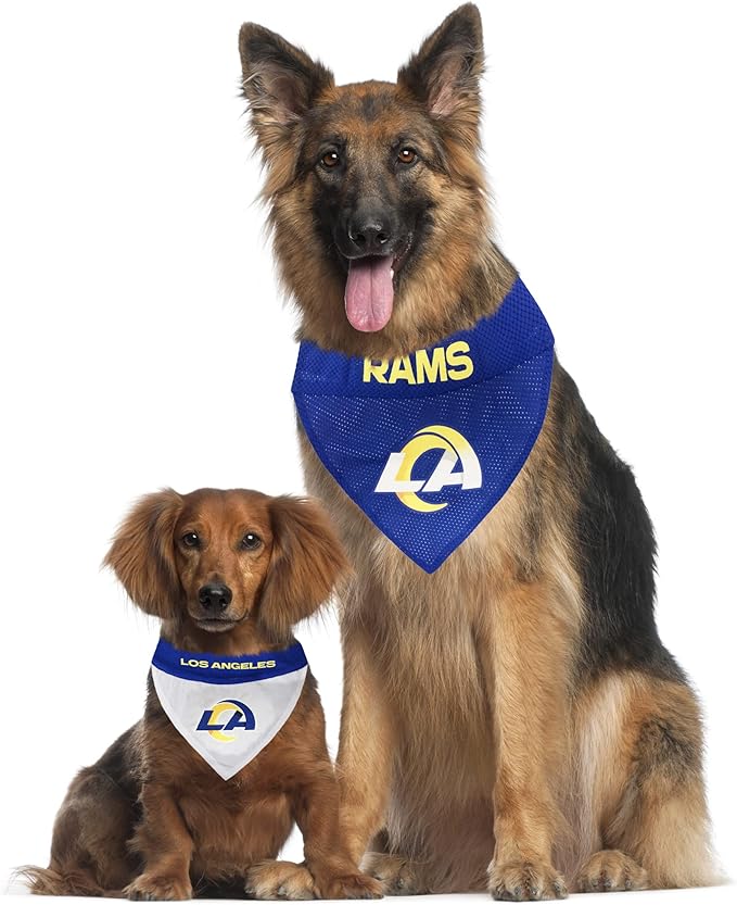 NFL DOG BANDANA - LOS ANGELES RAMS REVERSIBLE PET BANDANA. 2 Sided Sports Bandana with a PREMIUM Embroidery TEAM LOGO, Large/X-Large. - 2 Sizes & 32 NFL Teams available