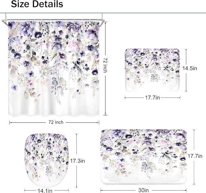 4 PCS Purple Floral Flower Shower Curtain Set 72Wx72H Inch Watercolor Pastel Complete Bathroom Set Non-Slip Bath Rug Toilet Lid Cover and U Shape Mat Accessories 12 Hooks Bathoom Decor