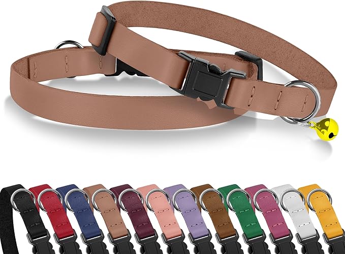 Breakaway Cat Collar with Bell - Leather Adjustable Kitten Collars with Safety Quick Release Buckle - Soft Small Pet Collars for Girl & Boy Cats (Mocha)