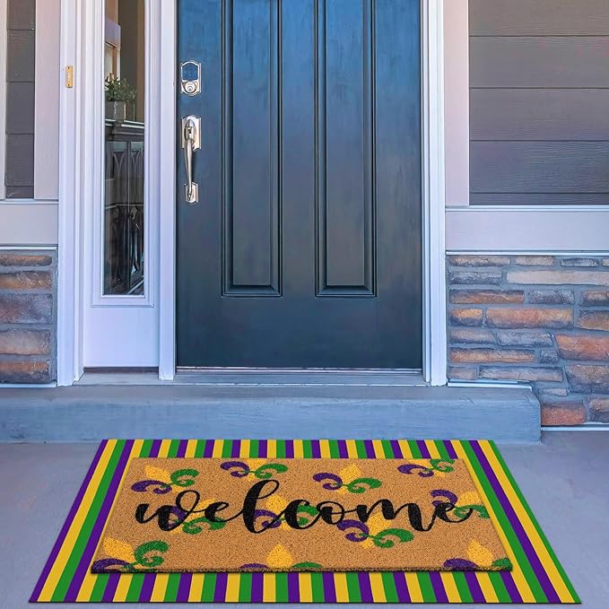 Tinideya 2 Pcs Mardi Gras Door Mat Carnival Welcome Non Slip Coir Mats Purple Yellow Green Stripe Floor Layering Doormats Seasonal for Front Porch Entryway Decor(Mardi Gras)