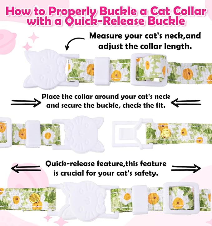 2 Pack Cat Collar Breakaway, Daisy Collar for Girl Cats, Adjustable Breakaway Cat Collars with Bell, Cute Floral Design Perfect for Female Kitten, 7.5-11 Inch, Pink & Green