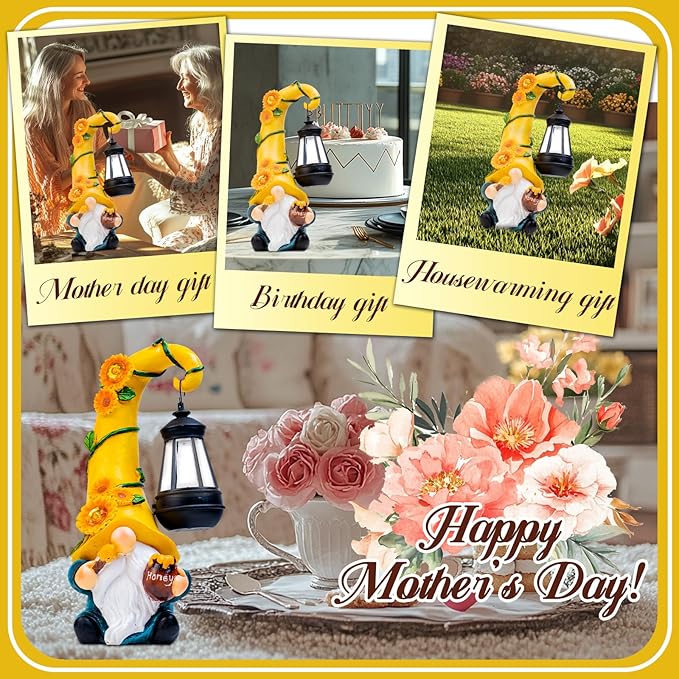 Mom Birthday Gifts-Garden Gnome Statue with Solar Lights Large Garden Sculptures Funny Triple Gnome Outdoor Patio Lawn Yard Garden Decor Gifts for Women Mom 12 in Spring Gnomes Outdoor