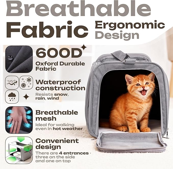 Pet Carrier for Cats, Rabbits, Guinea Pigs – Airline Approved Soft-Sided Travel Bag, Lightweight Dog Carrier, Ventilated & Foldable (Grey, Medium)