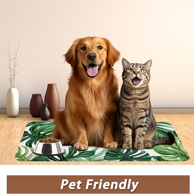 Palm Leaf Pet Feeding Mat,Boho Absorbent Quick-Dry Cat Dog Food and Water Bowl Mats,Non-Slip Rubber Backing Mat,Cat Dog Accessories Supplies 12"x20"