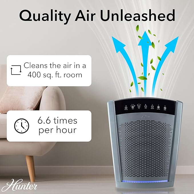 Hunter HP800 Air Purifiers for Home Large Room and Bedroom. True HEPA Air Purifier for Pets, Odors, Allergens, Smoke, Dust, VOC's. 4 Fan Speeds, Quiet Sleep Mode. Cleans 2585 Ft² per Hour. Graphite