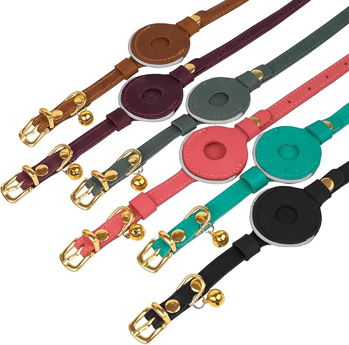 OOPSDOGGY Reflective Leather AirTag Cat Collar with Bell - Non Breakaway Adjustable Pet Collar with Apple Air Tag Holder - Lightweight GPS Kitten Collars for Small Dogs Puppy (Denim)