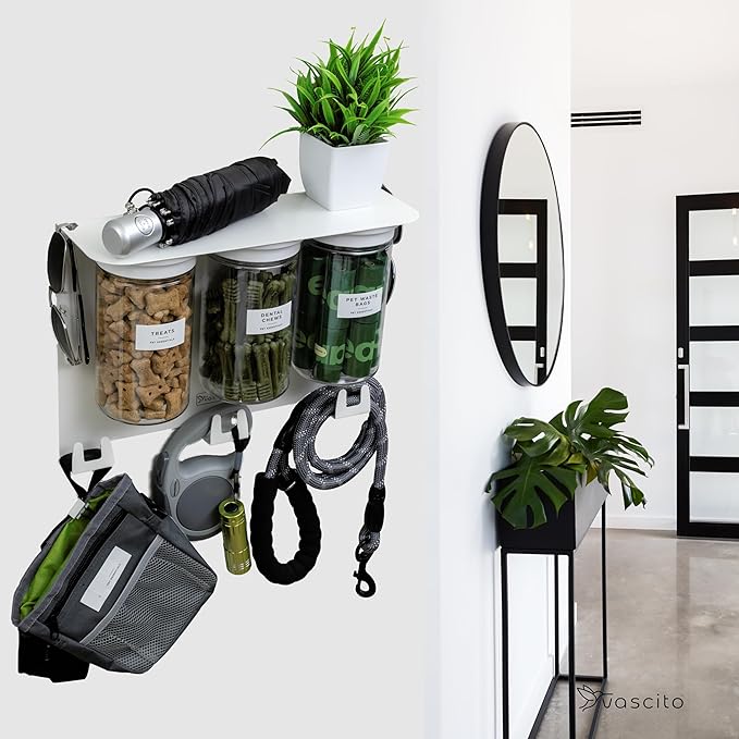Dog Treat Holder For Wall Storage For Pets, Premium Pet Wall Organizer, Includes Three 32oz Airtight Dog Treat Jars, 3 Sets of Triple Hooks, Sturdy Shelf in Designer White