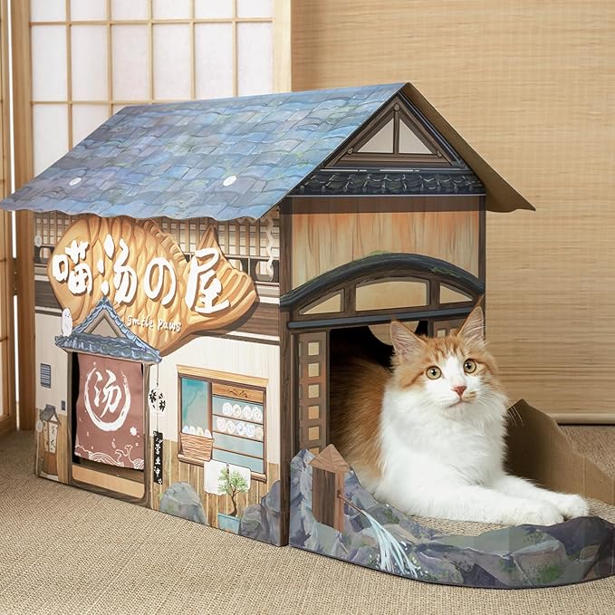 SMILE PAWS Cat Beds for Indoor Cats, Cardboard Cat House with Scratchers, Onsen Hotel, Large Sturdy Cat Furniture Condo Cave Tent, Easy to Assemble Pet Toys Accessories Stuffs, Bunny Small Animals