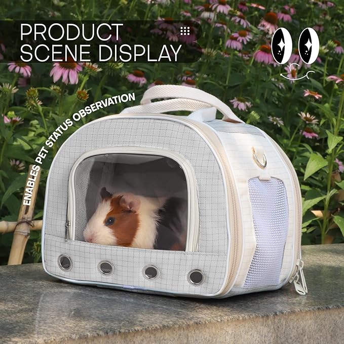 Gray Rabbit Travel Bag with Panoramic Skylight & Bottom Mesh | Odor Control Carrier for Squirrel/Small Birds | Outdoor Adventure Gear with Snack Pocket (Gray)
