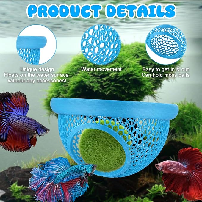 Blue Floating Betta Hide & Shrimp Cave: 3-in-1 Aquarium Hammock, Feeder & Resting Spot for Betta Fish, Shrimp & Small Fish | Eco-Safe PLA