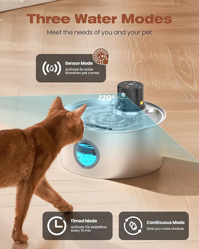 Cat Water Fountain with Motion Sensor: Rechargeable Cat Fountain Wireless - Metal Pet Water Fountain Powered by 4000 mAh Battery - 108oz/3.2L Cordless Animals Water Fountain Inductor -16 Filters