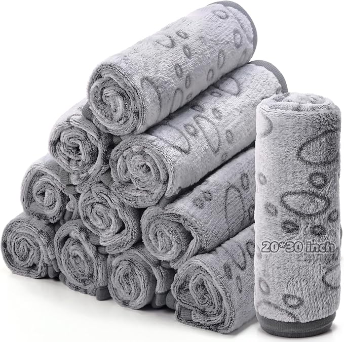 Tegeme 12 Pcs Pet Blankets Soft Fluffy Fleece Dog Cat Warm Paw Print Pattern Blankets Flannel Throw for Pets Dog Puppy Cat(30 x 20 Inch,Gray)