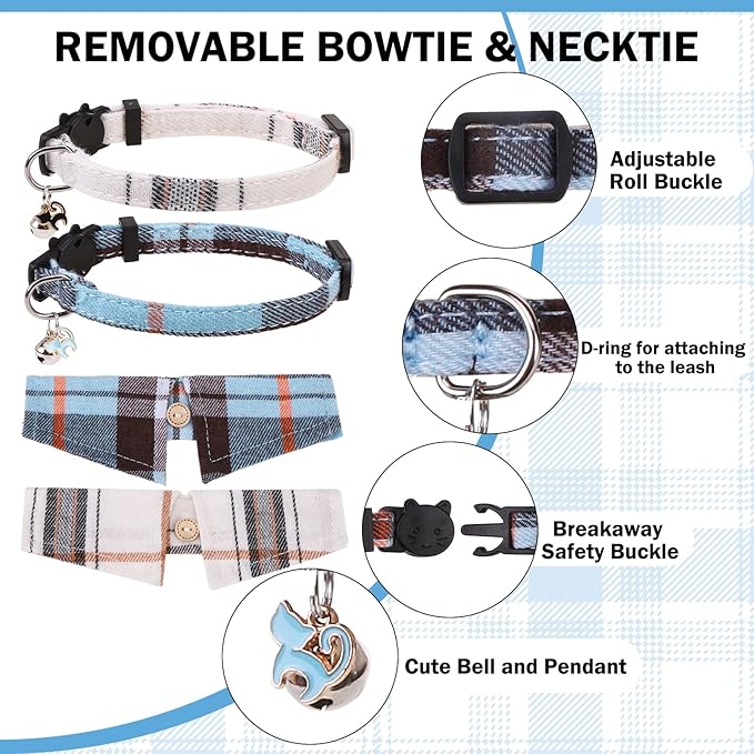 Cat Collar with Bells Breakaway, Shirt Cat Collar for Girl Boy Cats with Removable Bow Tie Collar, 2 Pack Cute Plaid Kitten Collar Bowtie for Female Male Puppy Pets Safety Adjustable