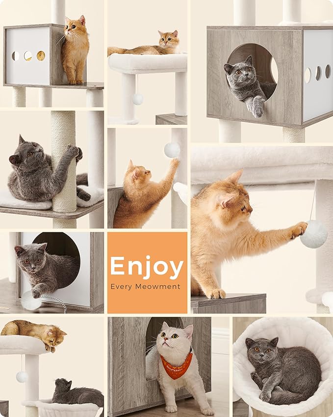 Feandrea Cat Tree with Litter Box Enclosure, 70.1-Inch Tall Cat Tower, 2-in-1 Modern Condo with Scratching Posts, Perch, Caves, Basket, Washable Cushion, Heather Greige UPCT116G01