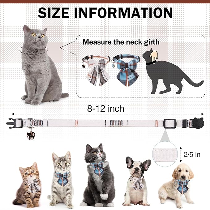 Cat Collar with Bells Breakaway, Bowtie Cat Collar for Boy Girl Cats with Removable Bow Tie Collar, Cute Plaid Kitten Collar with Bell & Pendant Adjustable, 2 Pack Pet Collars for Cats Puppy