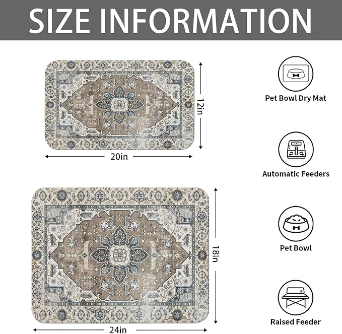 2 Pack Dog Food Mats for Floors, Absorbent and Quick-Drying Pet Cat Food Mat,Anti-Fouling and Easy-to-Clean Pet Feeding Mat,Dog Bowl Mat for Messy Drinking Water Bowls.12 x20+18"x24", Bohemia Style
