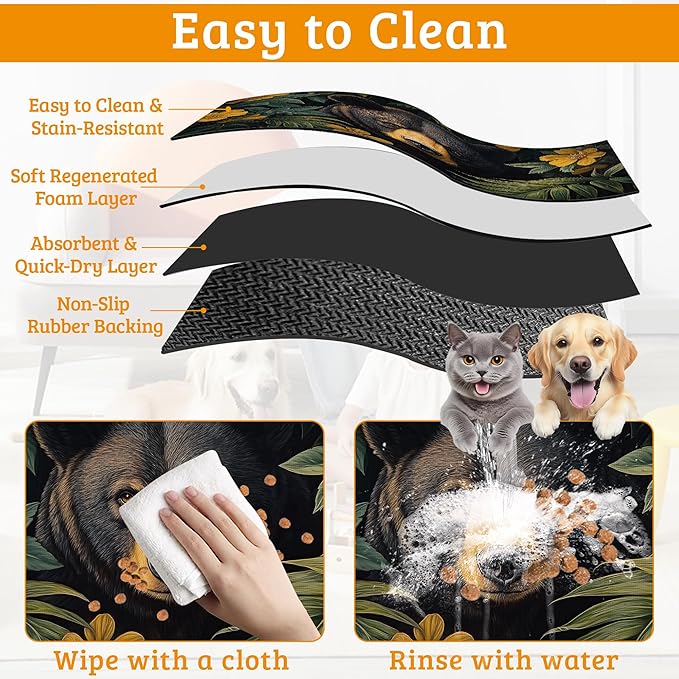 Brown Bear Dog Food Mat,Forest Absorbent Pet Feeding Mat for Food and Water Bowl,Quick Dry Dog Placemat Non Slip Rubber Backing Waterproof Pet Supplies 16" x 24"