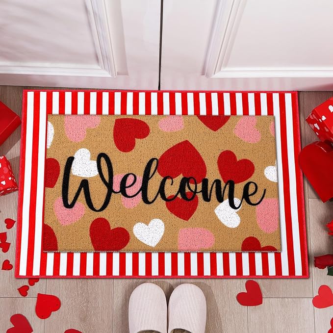 Tinideya 2 Pcs Valentine Door Mat Heart Welcome Outdoor Non Slip Coir Mats Red and White Stripe Floor Layering Doormats Seasonal for Front Porch Entryway Decor(Valentine Heart)