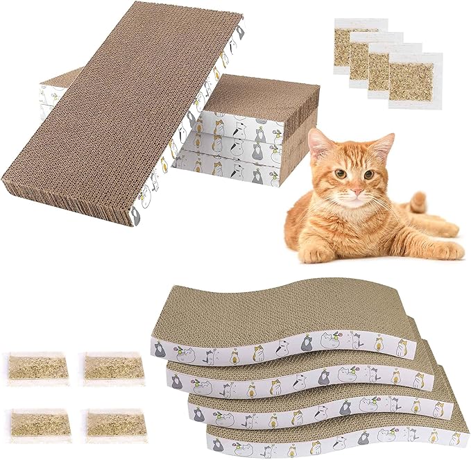 PatiencET Cardboard Cat Scratcher Pads, Double-Sided, 8-Pack (4 Flat, 4 Wavy), Catnip Included, for Small to Medium Cats