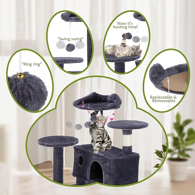 54 Inches Cat Tree Tower Condo Furniture, Multi-Level Cat Tower Condo Activity Center for Indoor Cats, Climbing Tree Cat House Padded Plush Perch, Kittens Pet Play House with Pom-pom, Pink