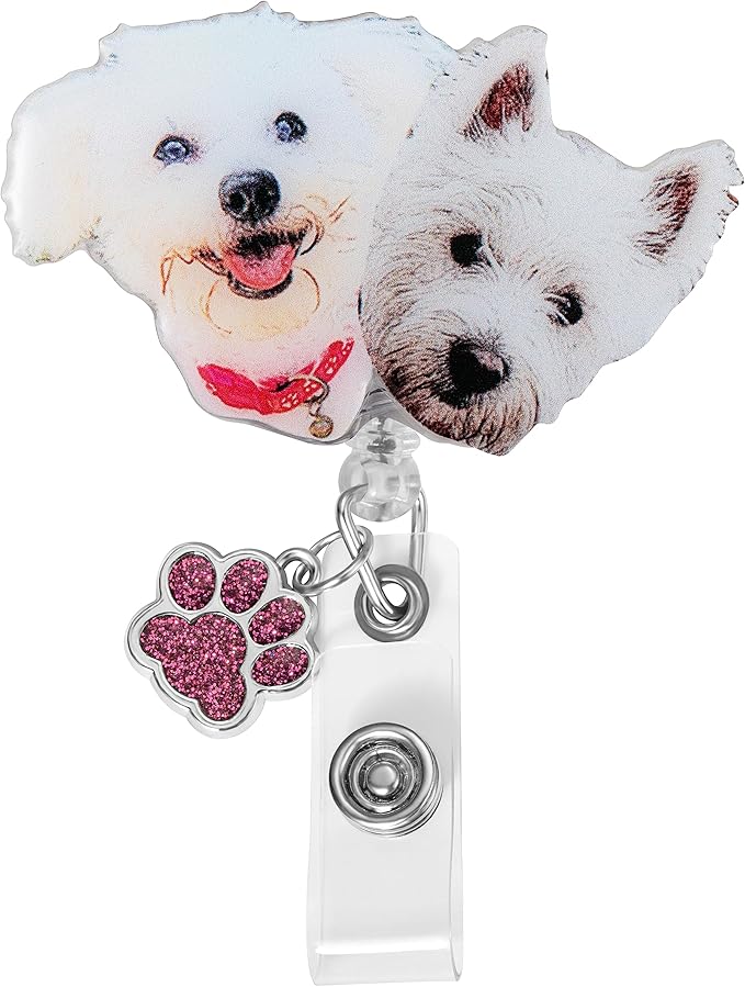 callie Personalized Pet Portrait Badge Reel - Custom Dog Cat Photo, Cute Badge Holder Retractable with Alligator Clip & Paw Charm, Gifts for Dog Lover Nurse RN CNA Doctor（2 Pets）
