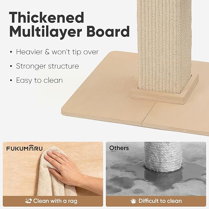 FUKUMARU Cat Scratching Post, Modern Style Tall Scratch Posts with Perch for Infoor Cats Adults, Large Cat Scratcher Tower with Bed, Small Tree with Raised Stand, Natural Sisal & Solid Wood