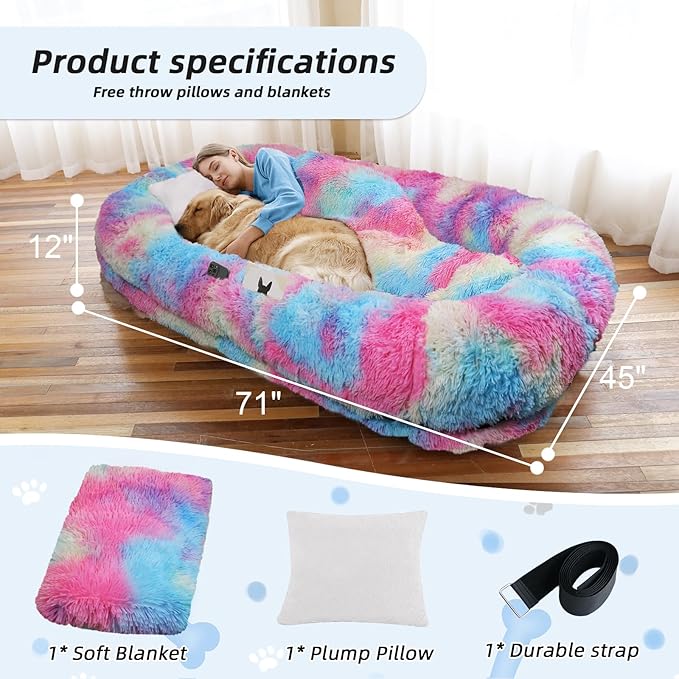 Human Dog Bed, 71''x45''x12'' Size Fits You and Pets, Washable Faux Fur Pet Bed for People Doze Off, Napping Orthopedic Dog Bed, Present Plump Pillow, Blanket, Strap - Rainbow